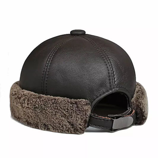 Men's Genuine Sheepskin Leather Docker Cap – Brimless Winter Design, Three Adjustable Sizes | Coffee