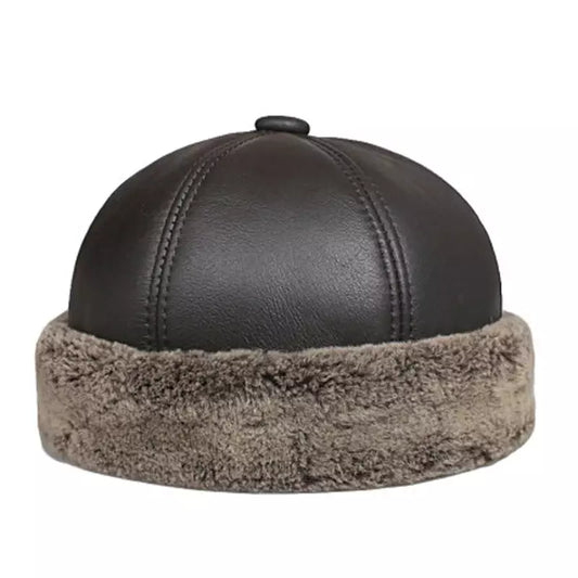 Men's Genuine Sheepskin Leather Docker Cap – Brimless Winter Design, Three Adjustable Sizes | Coffee