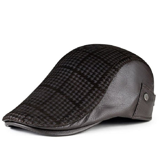 Tiger Men's Plaid Genuine Leather Duckbill Flat Cap – Sheep Leather, Houndstooth Pattern, Three Sizes