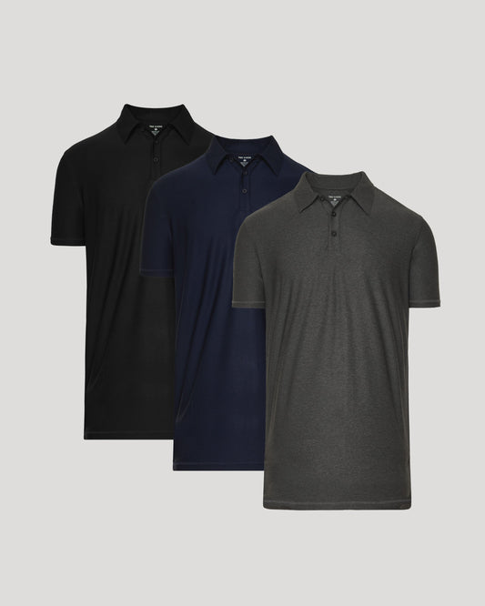 Men's Tall Active Polo Shirt 3-Pack – Short Sleeve, 3-Button Placket, Quick-Dry | Black, Navy & Charcoal Grey