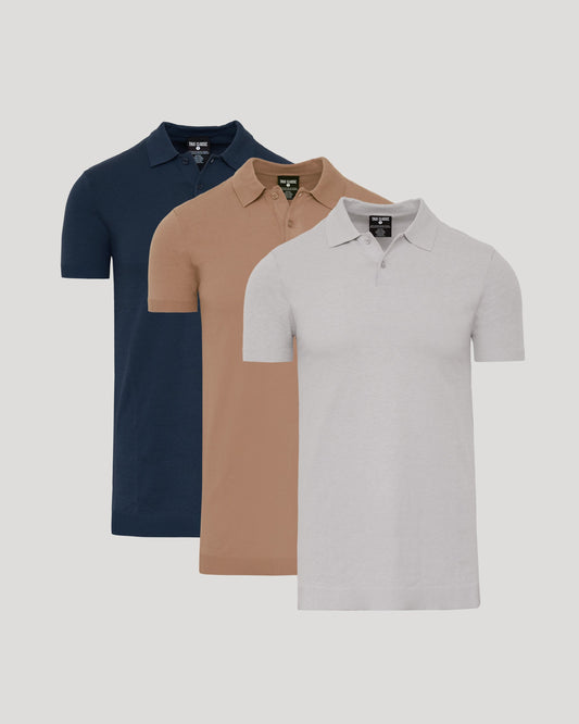 Men's Tall Knit Dress Polo Shirt 3-Pack – Short Sleeve, Soft Stretch | Navy, Truffle & Heather Grey