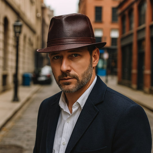 Men's Genuine Leather Trilby Hat – Cowhide with Short Upturned Brim, Structured Crown and Soft Lining