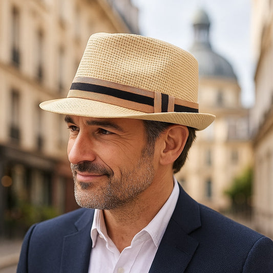 Men's Straw Trilby Hat with Two-Tone Band – 4.5 cm Short Brim, 10 cm Crown, Two Sizes 53–60 cm