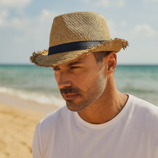 Men's Frayed Brim Straw Trilby Hat – Lightweight, Breathable Natural Straw, Relaxed Summer Style