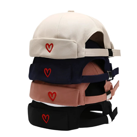 True Love Men's Vintage Cotton Docker Cap – Embroidered Heart Detail, Brimless Rolled Cuff, Adjustable Fit