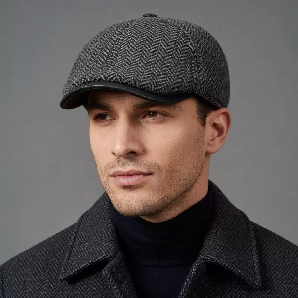 Vancouver Men's Herringbone Wool Duckbill Flat Cap – Genuine Leather Peak, Soft Lining, Three Sizes