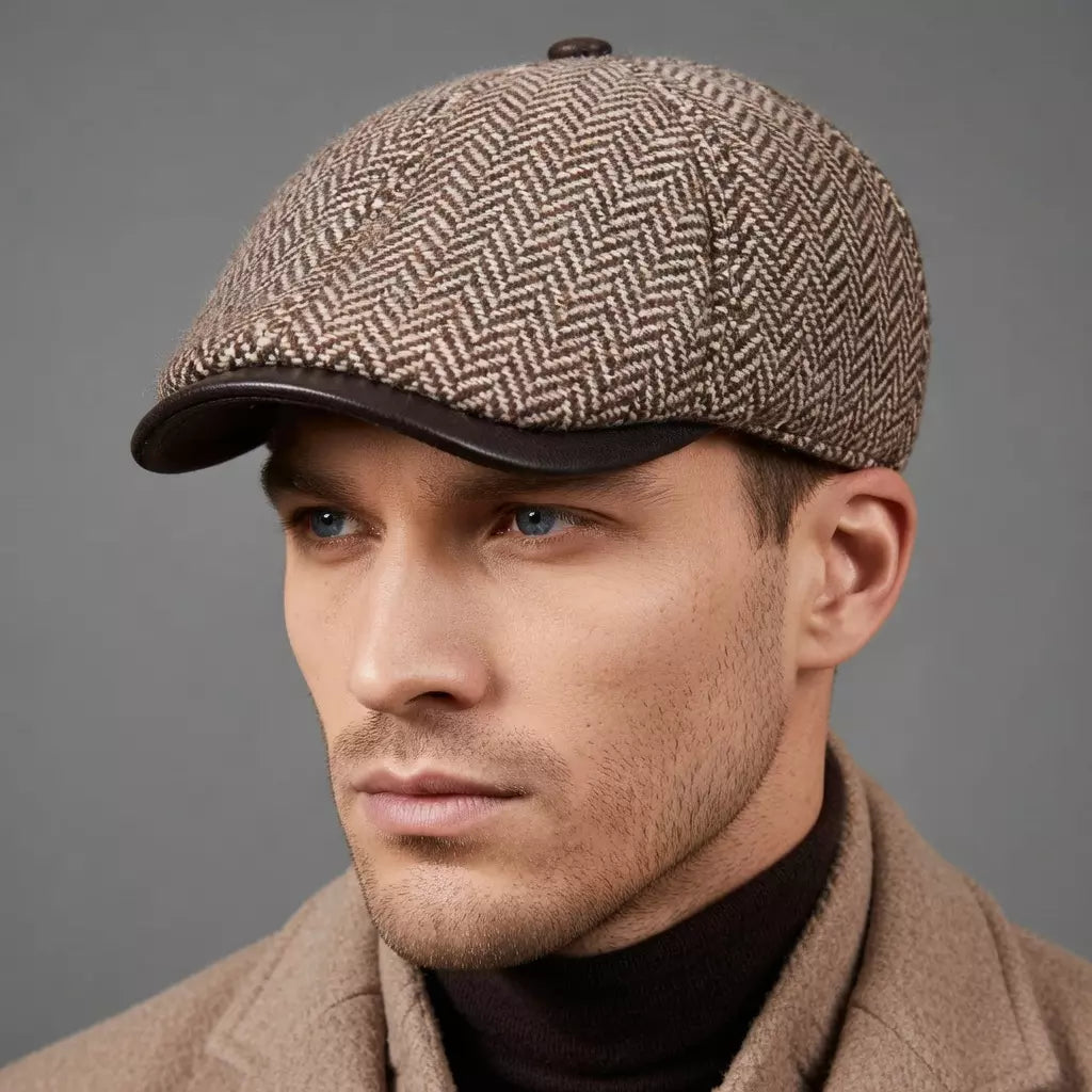 Vancouver Men's Herringbone Wool Duckbill Flat Cap – Genuine Leather Peak, Soft Lining, Three Sizes – view 4