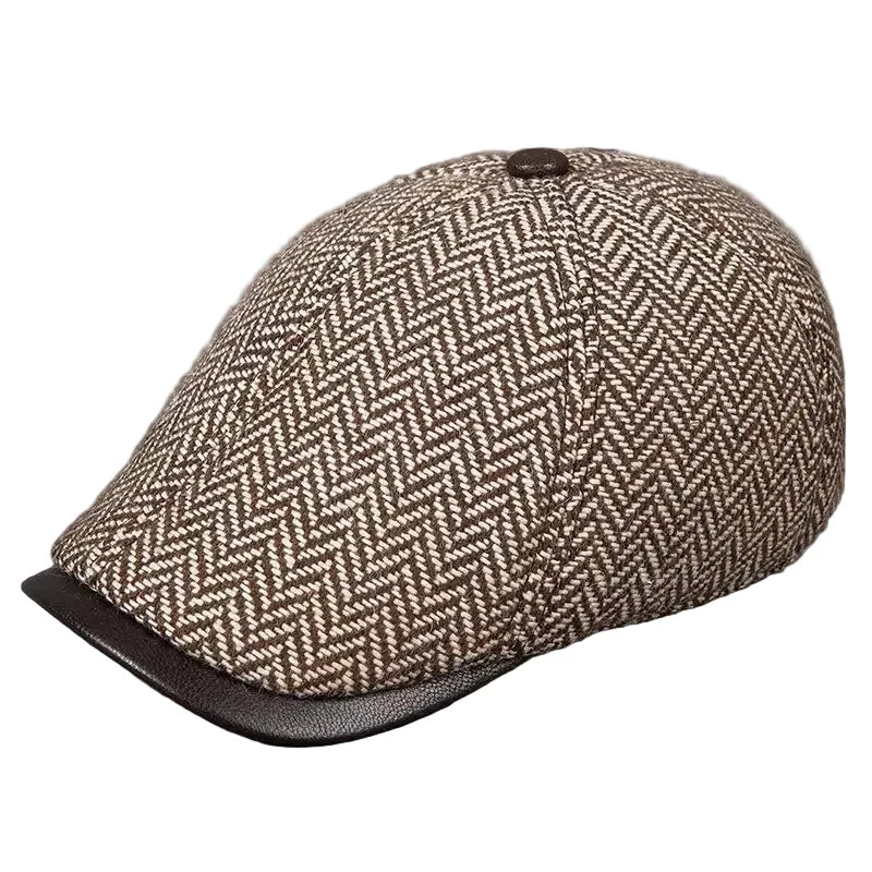 Vancouver Men's Herringbone Wool Duckbill Flat Cap – Genuine Leather Peak, Soft Lining, Three Sizes