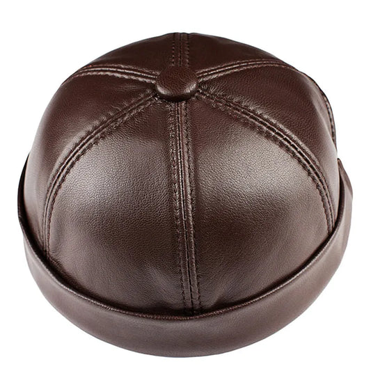 Men's Vintage Genuine Leather Docker Cap – Cowhide Leather, Brimless 6-Panel Crown, Three Sizes