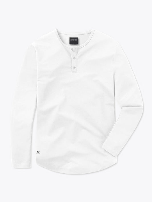 Men's Long Sleeve Henley T-Shirt – Curved Hem, Buttoned Placket, Trim Tailored Fit for Work and Travel | White