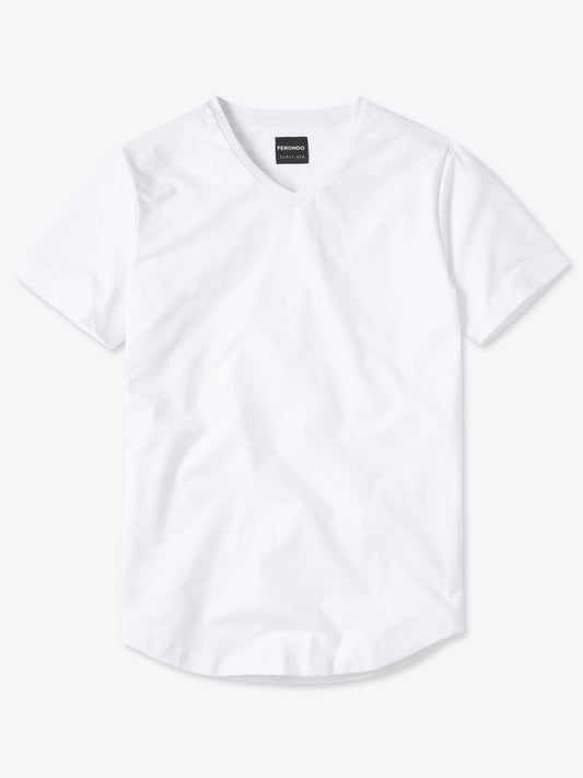Men's V-Neck Curved Hem T-Shirt – Tailored Fit, Soft Durable Fabric, Reduced Waist Bunching | White