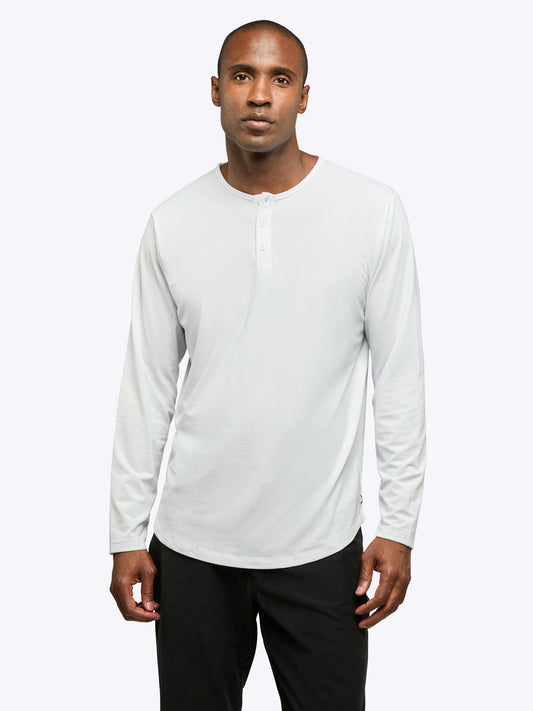 Men's Long Sleeve Henley T-Shirt – Curved Hem, Buttoned Placket, Trim Tailored Fit for Work and Travel | White