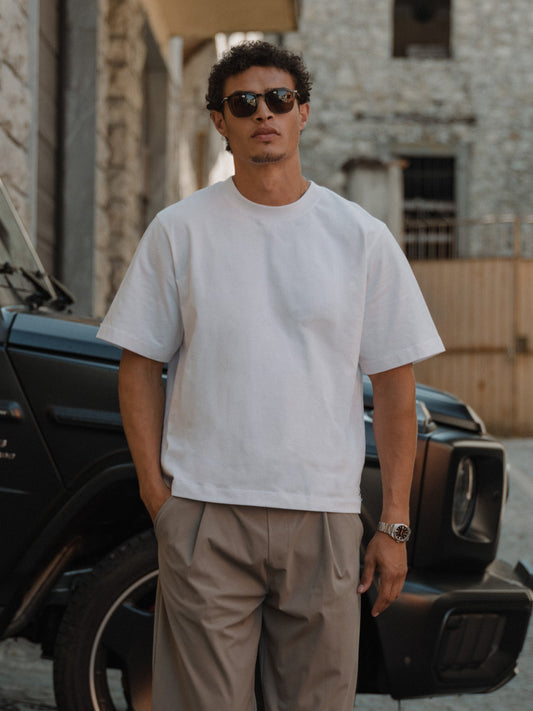Men's Heavyweight Cotton Boxy T-Shirt – Cropped Length, Wide Ribbed Collar, Structured Shape | White