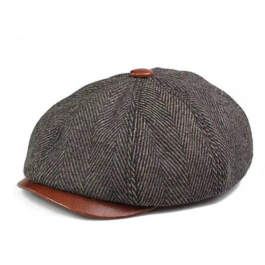 Wayne Men's Herringbone Wool and Leather Newsboy Cap – Genuine Leather Peak, Three Sizes 55–60 cm