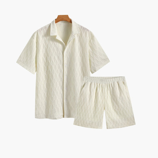 Mykonos Men's Cotton Shirt and Shorts Set – Subtle Woven Pattern, Button Shirt with Elastic Waist Shorts