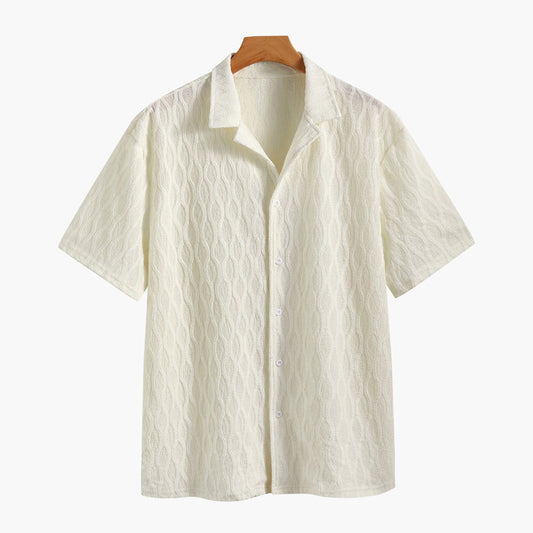 Mykonos Men's Cotton Shirt and Shorts Set – Subtle Woven Pattern, Button Shirt with Elastic Waist Shorts