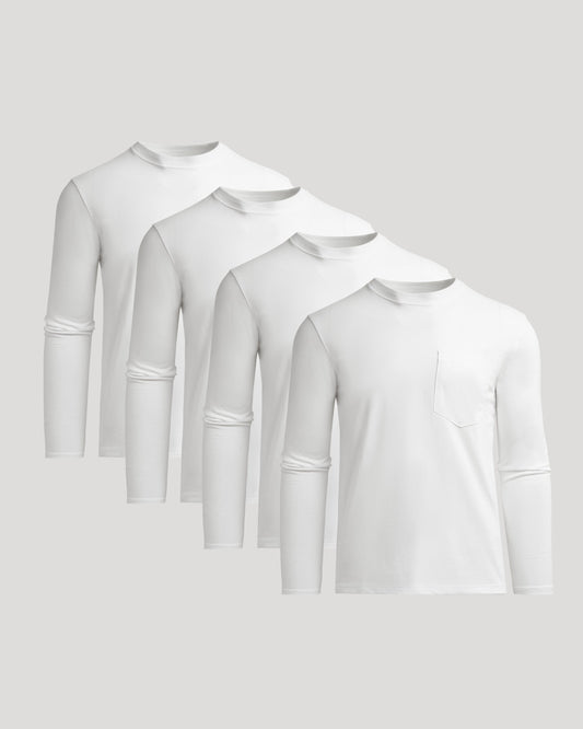 Men's Heavyweight Long Sleeve Pocket T-Shirt 4-Pack – Cotton Blend, Chest Pocket | White