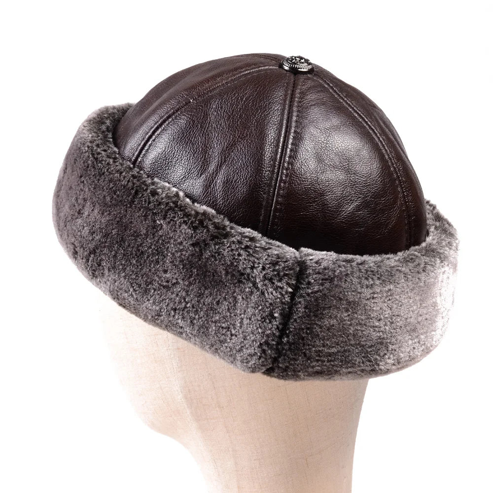 Men's Russian-Style Winter Genuine Leather Docker Cap – Sheepskin and Wool, Fleece Lining, Four Sizes