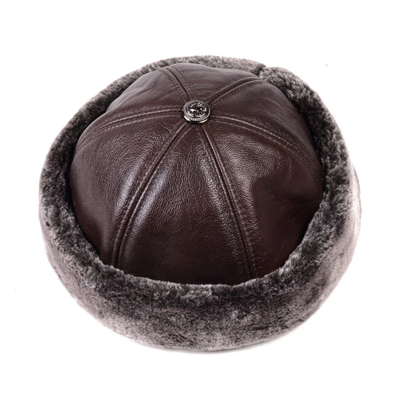 Men's Russian-Style Winter Genuine Leather Docker Cap – Sheepskin and Wool, Fleece Lining, Four Sizes