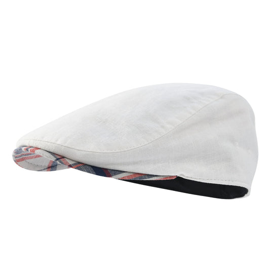 Yvoire Men's Soft Linen Flat Cap – Tartan Peak Detail, Inner Cotton Sweatband, Three Sizes 57–62 cm