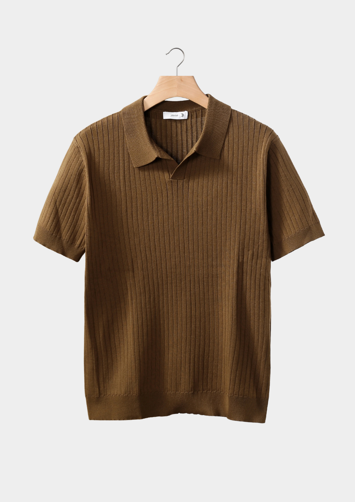 Men's Ribbed Knit Buttonless Polo Shirt in Caramel – view 1