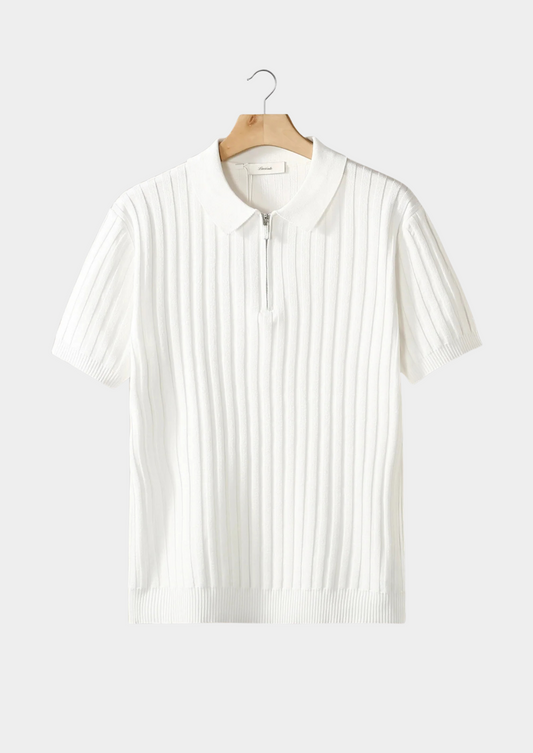 White Ribbed Zipper Polo by SATRI & CO. – product view 1