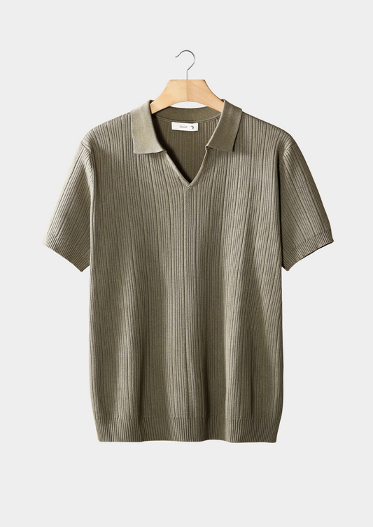 Taupe Open Collar Ribbed Polo by SATRI & CO. – product view 1