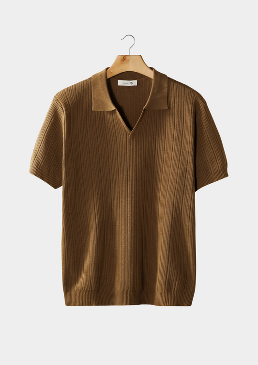 Caramel Open Collar Ribbed Polo by SATRI & CO. – product view 1