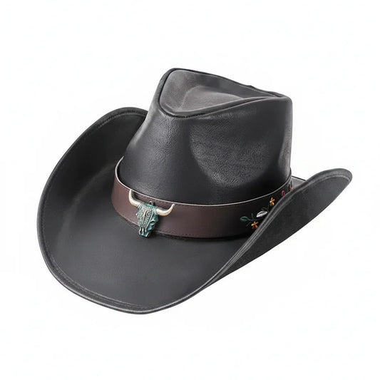 Men's Western Cowboy Hat – Wide Brim, Authentic Band, Plain or with Bull or Feather Detail, Adjustable