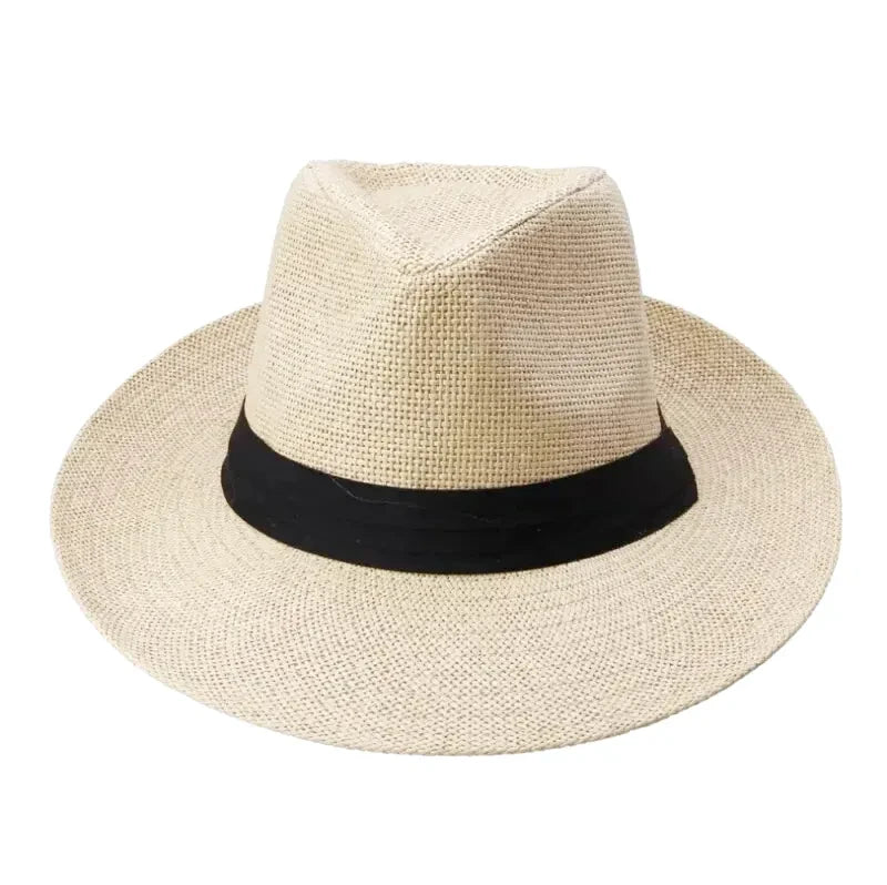 Men's Natural Straw Panama Fedora Hat – Pinched Crown, Black Ribbon Band, Lightweight, Adjustable Fit