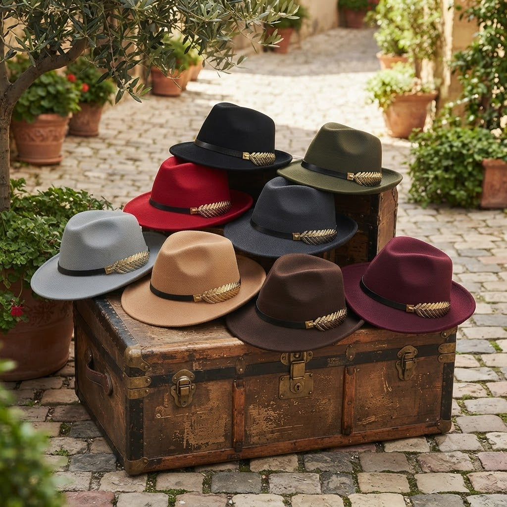 Men's Wide Brim Fedora Trilby Hat – Gold Leaf Accent, Structured Crown for Casual and Formal Occasions