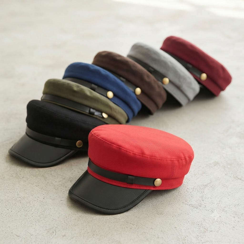Men's Military-Style Sailor Cap – Cotton and PU Leather, Decorative Strap with Metallic Detail, Short Brim – view 3