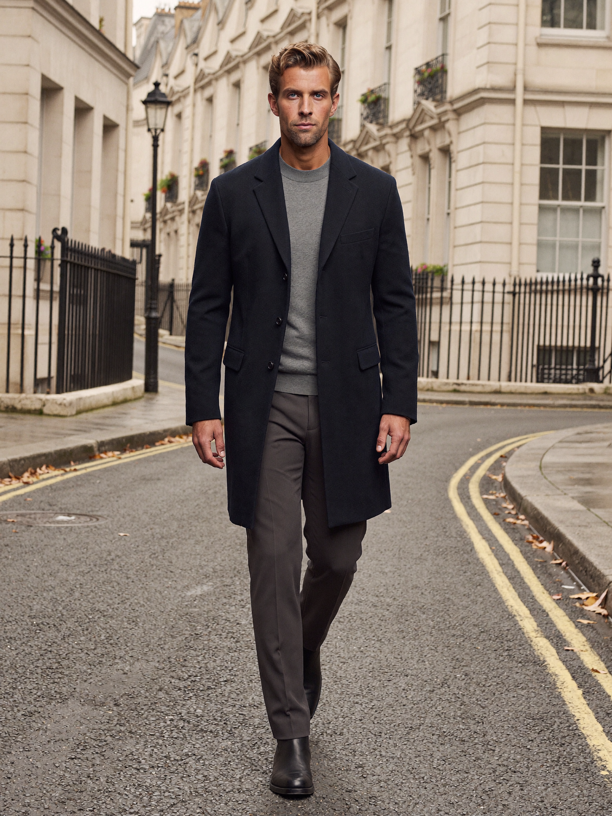 Men's navy wool overcoat with grey roll neck on a London street