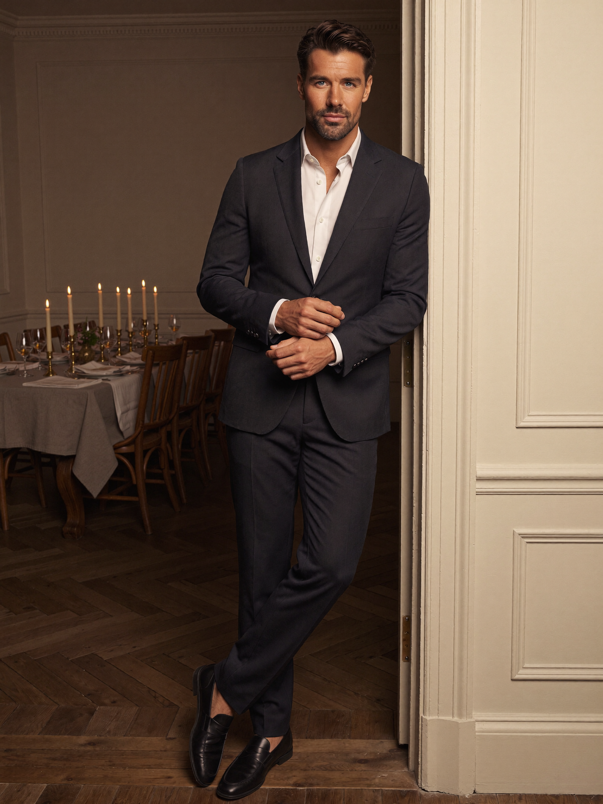 Men's navy suit with white open-collar shirt in a candlelit townhouse dining room
