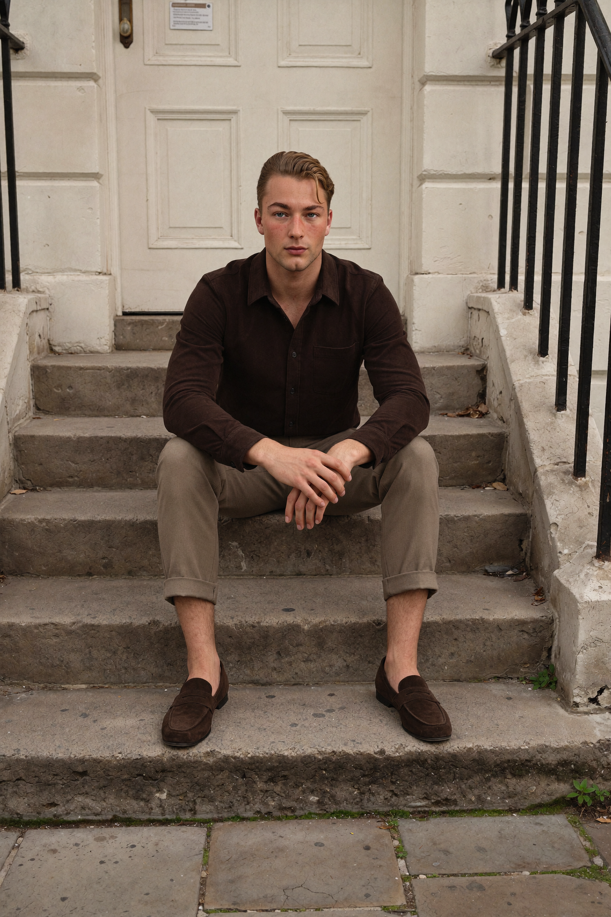 Men's brown suede loafers with stone chinos on townhouse steps