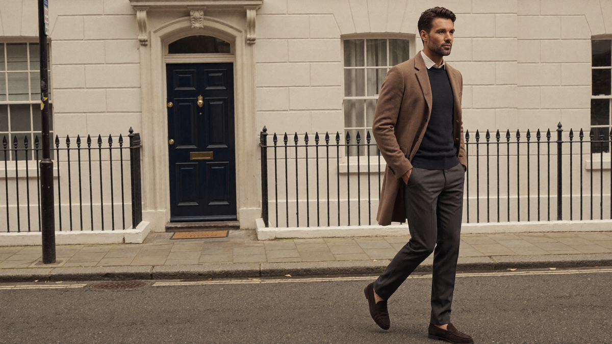 Man in a camel overcoat and navy knit walking past a navy Georgian door in Marylebone, London