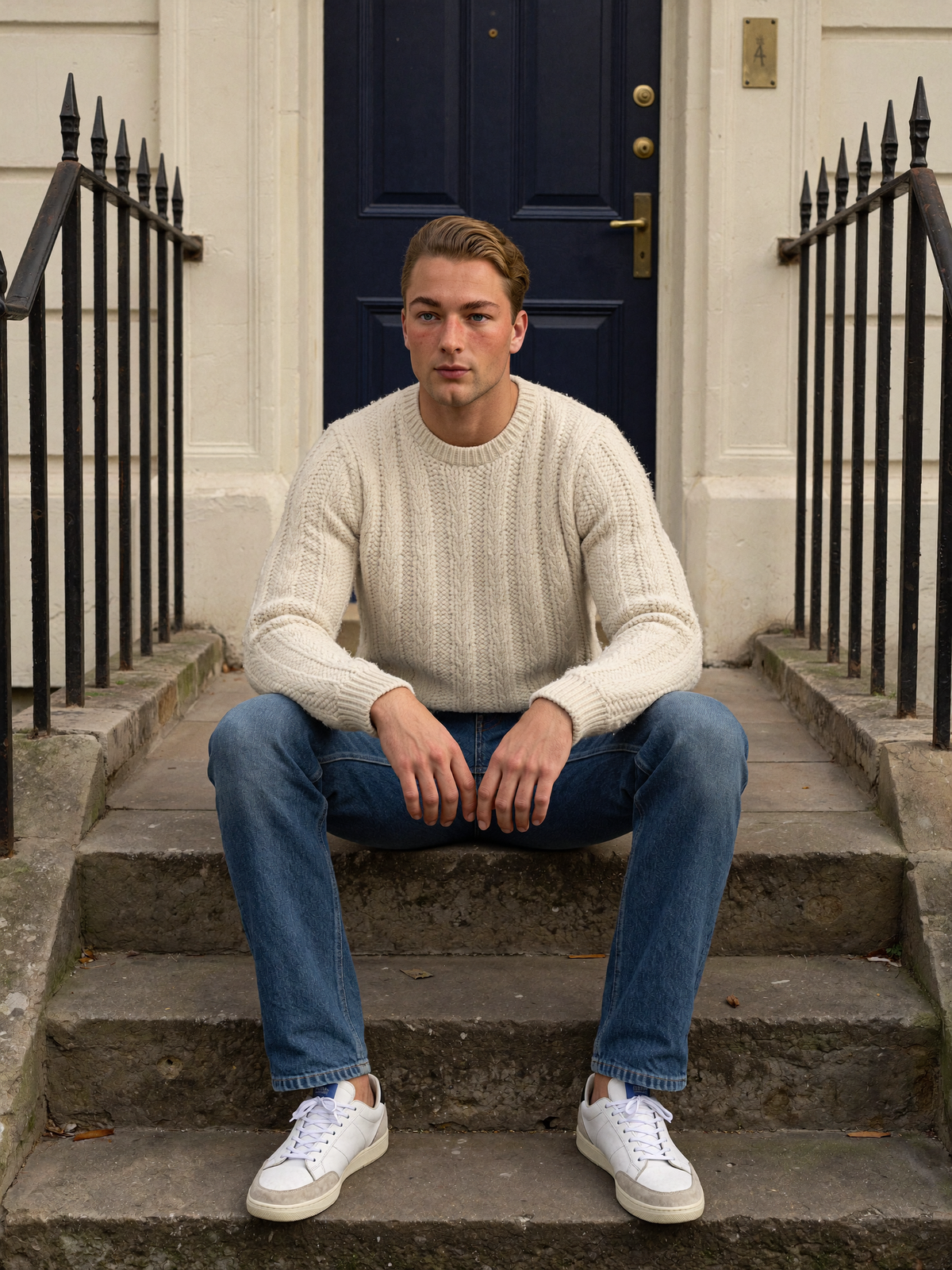 Men's cream cable-knit jumper with jeans on townhouse steps