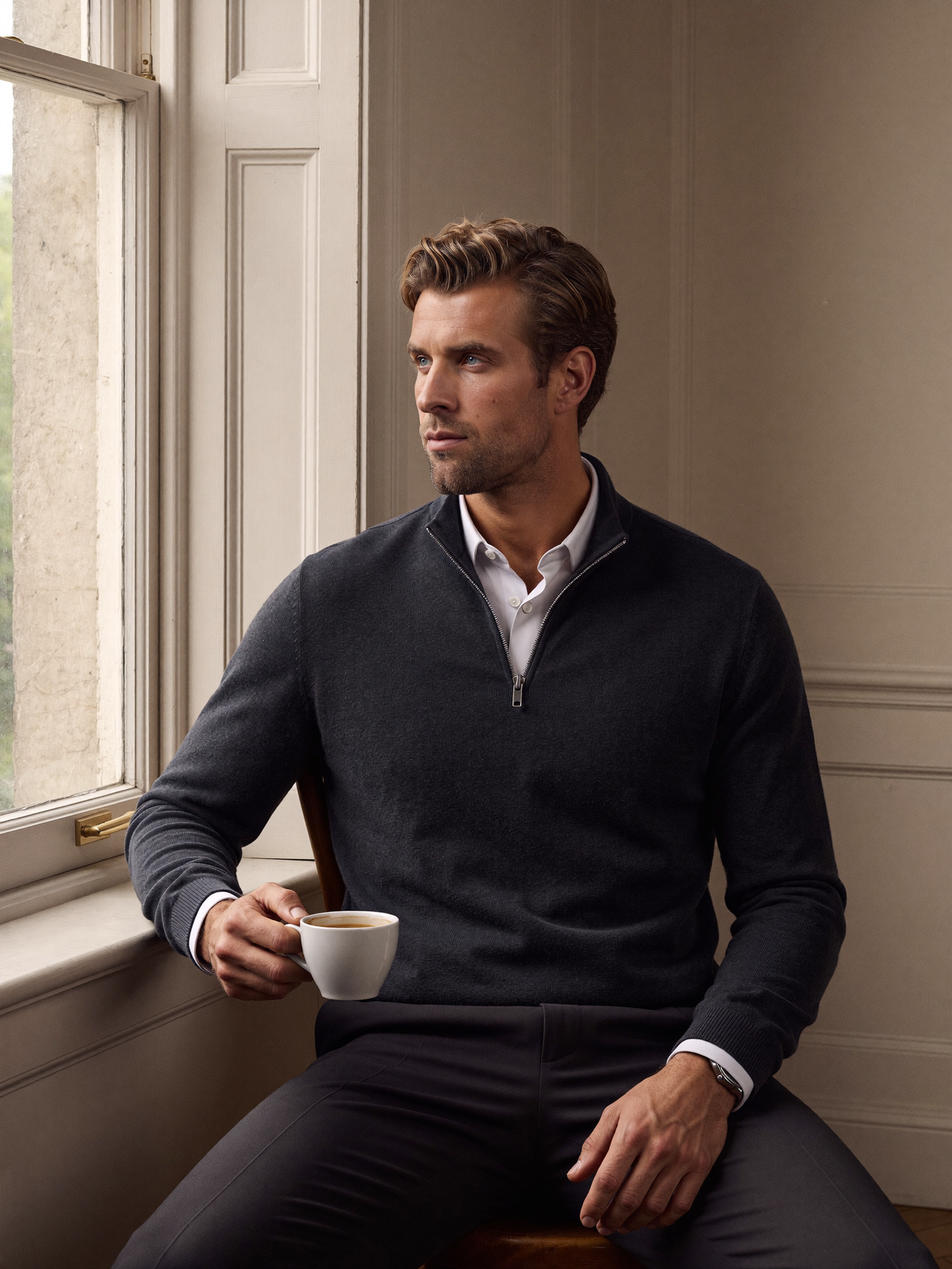 Men's navy merino quarter-zip by a sash window