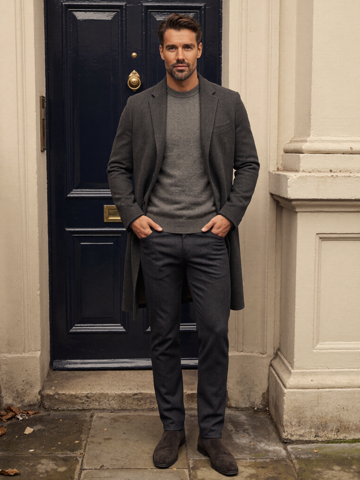 Men's charcoal overcoat, grey knit, dark jeans and suede boots