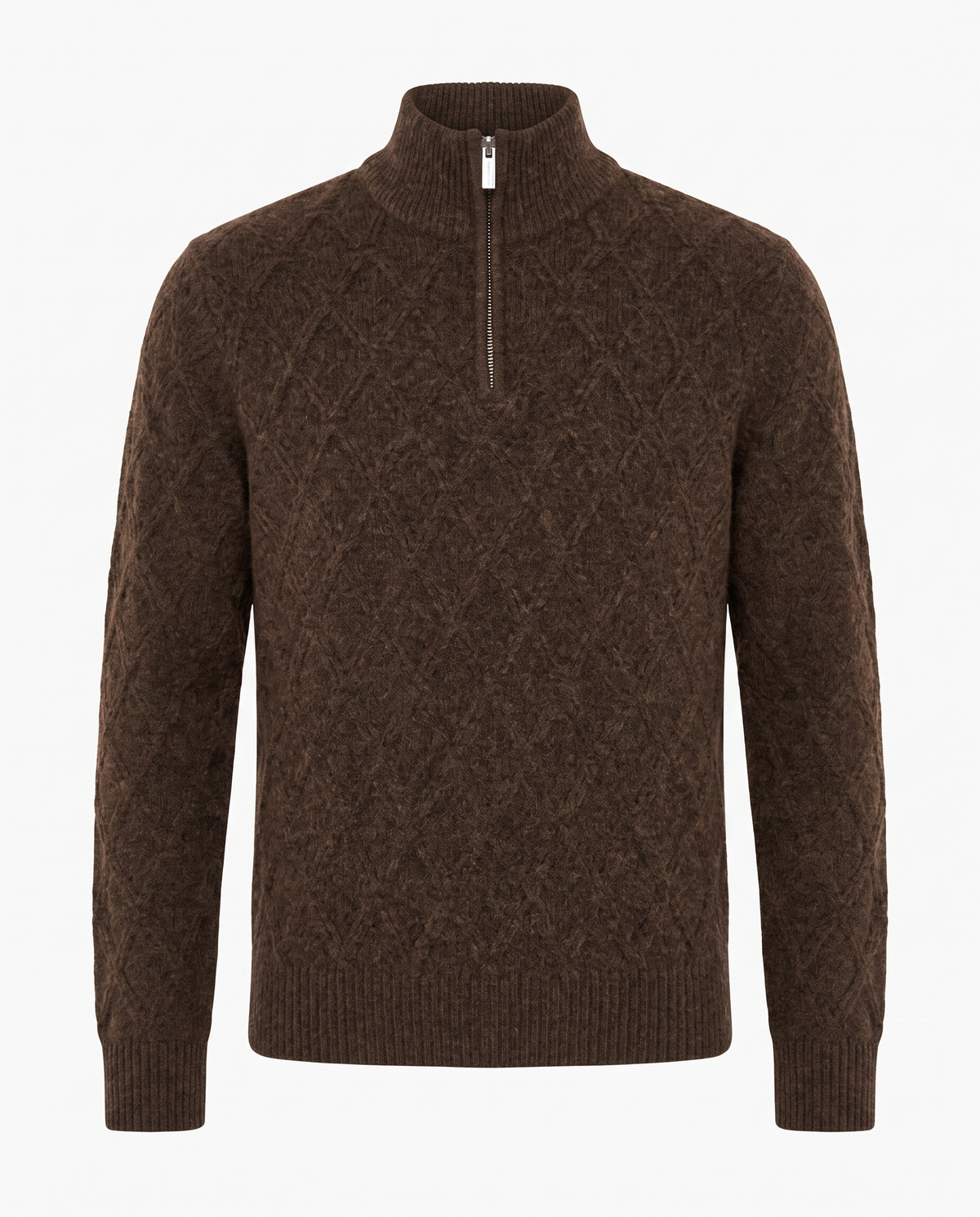 Diamond Cable Knit Quarter Zip Jumper in Chocolate Brown - front view on white background