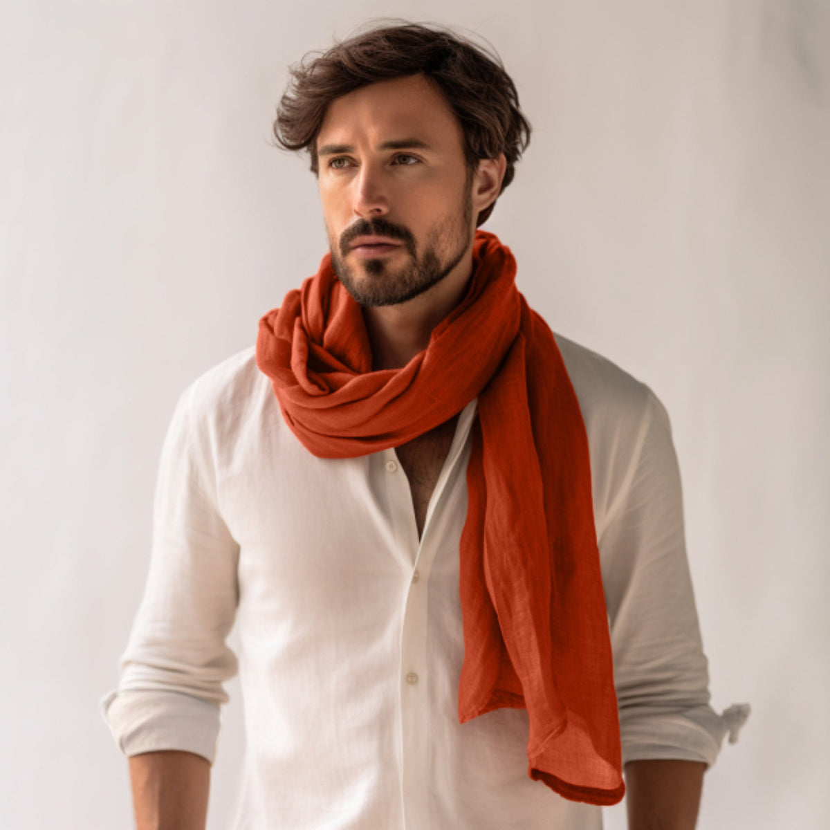 Men's Linen Scarf – Pure Natural Linen, Breathable and Lightweight All-Season Wrap in Classic or Wide Size – Cinnamon Red – view 1