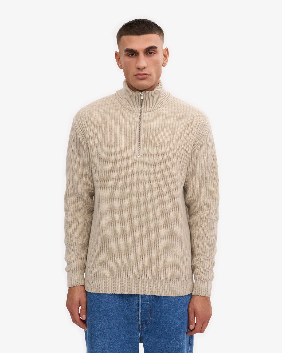 Men's Recycled Merino Wool Quarter Zip Jumper in Ivory White – view 2