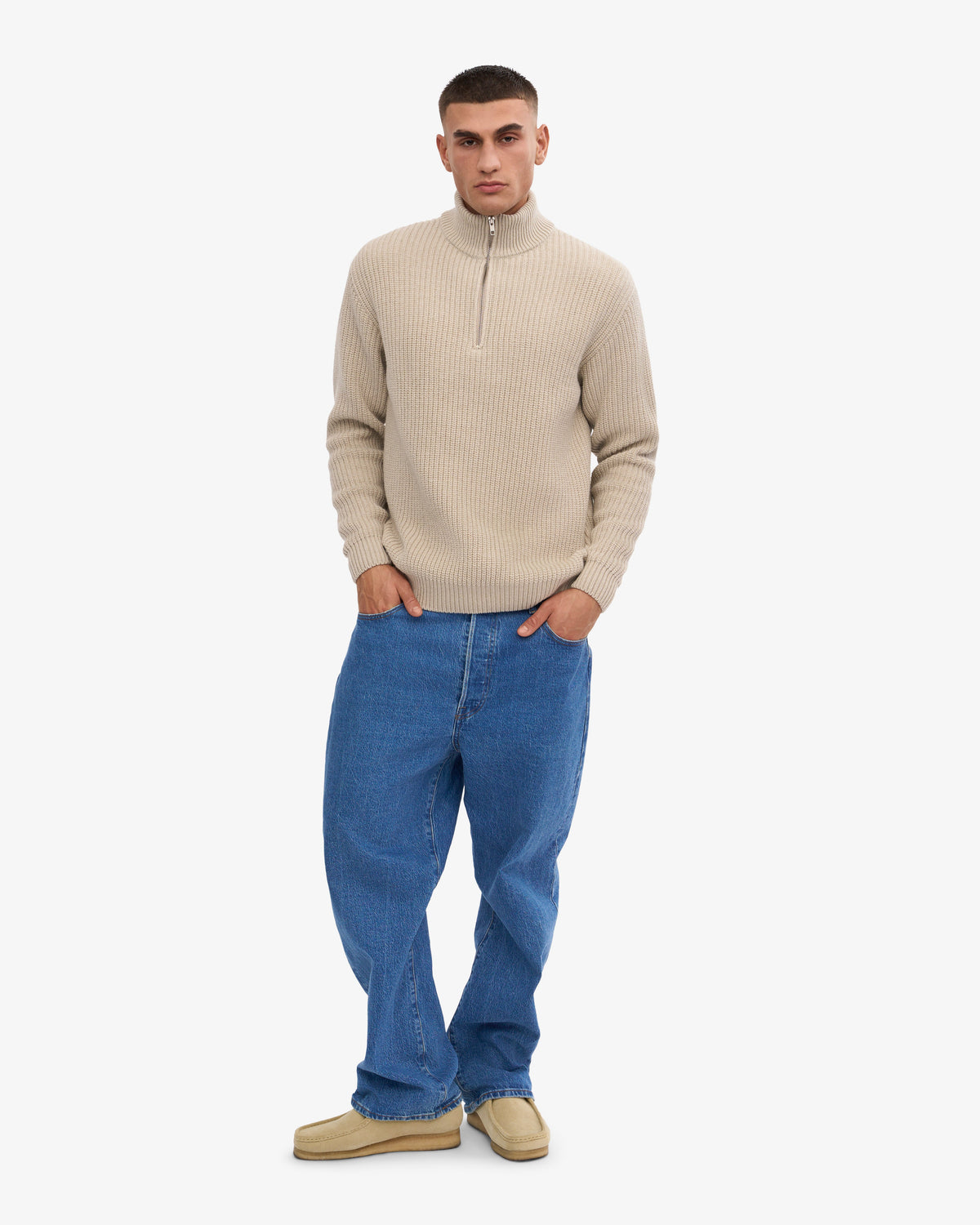 Men's Recycled Merino Wool Quarter Zip Jumper in Ivory White – view 5
