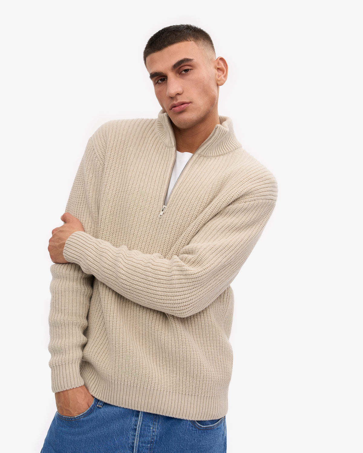 Men's Recycled Merino Wool Quarter Zip Jumper in Ivory White – view 6