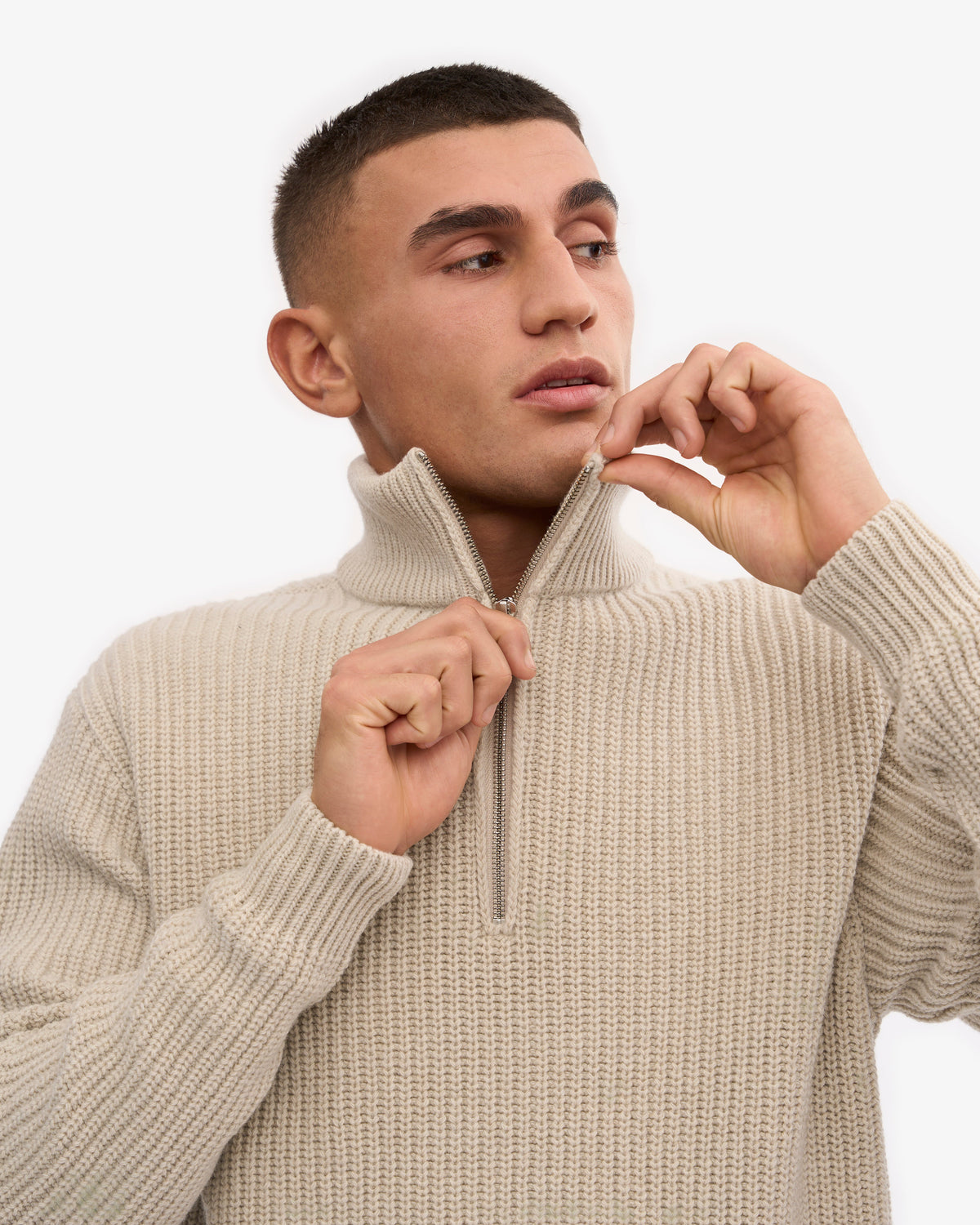 Men's Recycled Merino Wool Quarter Zip Jumper in Ivory White – view 7