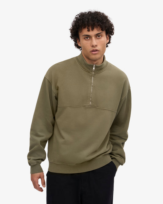 Men's Oversized Organic Cotton Quarter Zip Jumper in Dusty Olive – view 2