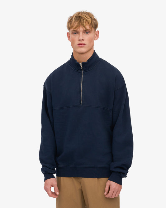Men's Oversized Organic Cotton Quarter Zip Jumper in Navy Blue – view 2