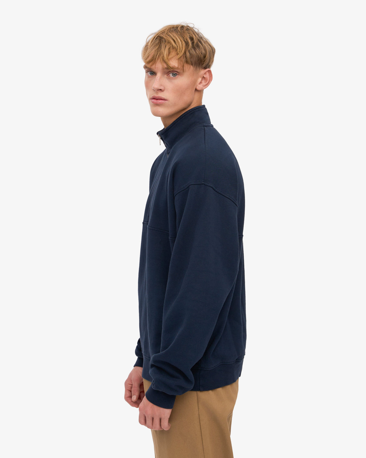 Men's Oversized Organic Cotton Quarter Zip Jumper in Navy Blue – view 3