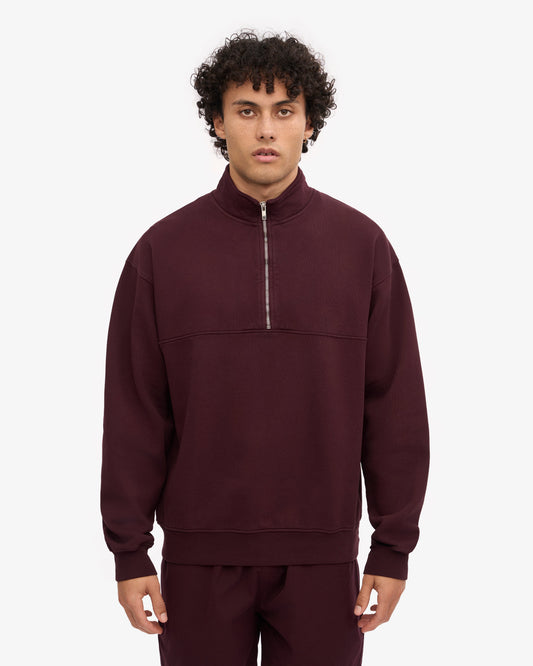 Men's Oversized Organic Cotton Quarter Zip Jumper in Oxblood Red – view 2