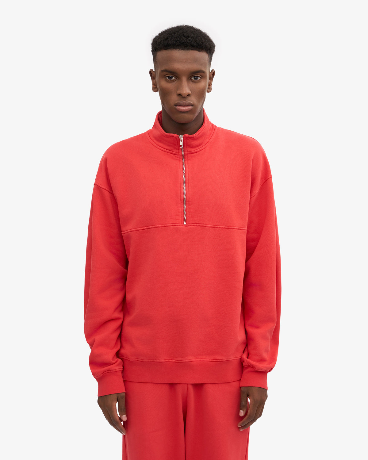 Men's Oversized Organic Cotton Quarter Zip Jumper in Red Tangerine – view 2